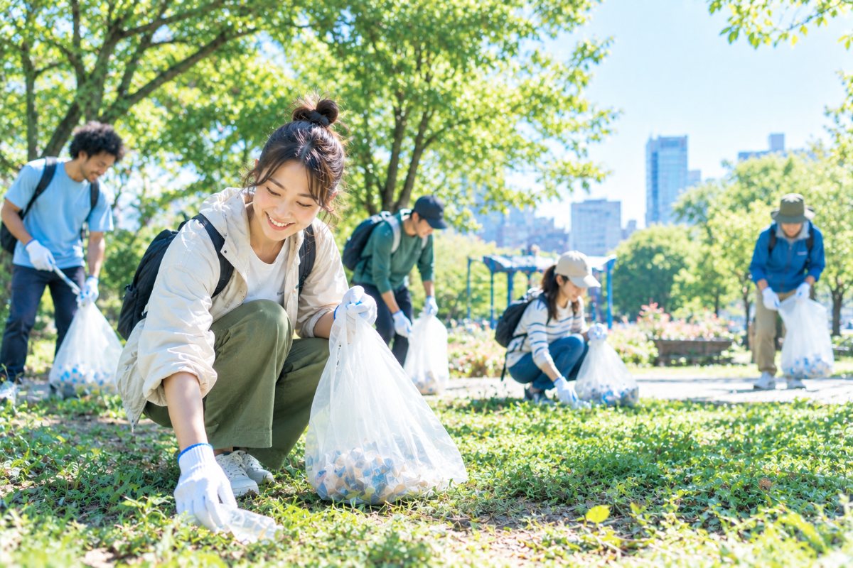 緑の都市公園で清掃活動をする人々