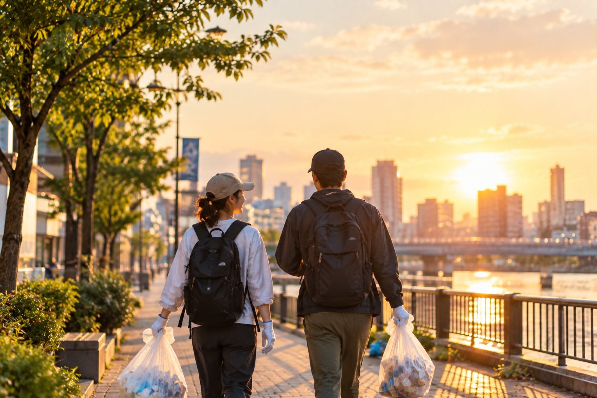 夕方の街を歩く二人の後ろ姿